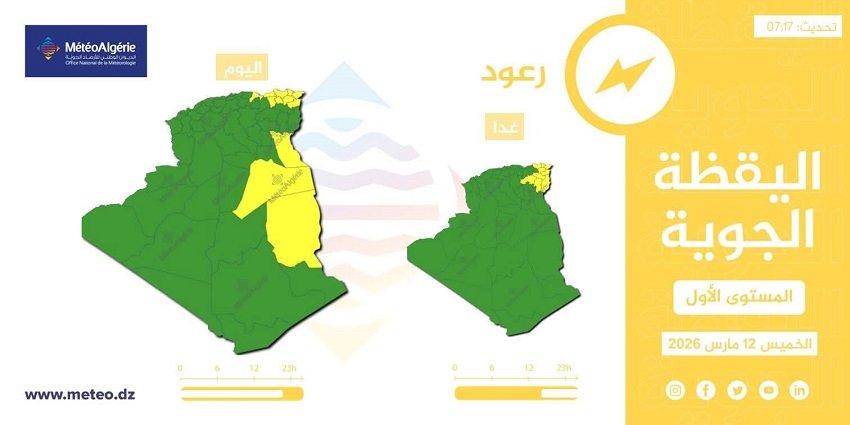 e تحذير جوي في الجزائر: أمطار رعدية مرتقبة مساء الخميس