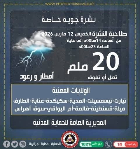 eee تحذير جوي في الجزائر: أمطار رعدية مرتقبة مساء الخميس